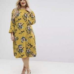 ASOS CURVE Printed Midi Column Dress with Fluted Sleeve in Dark Floral Print